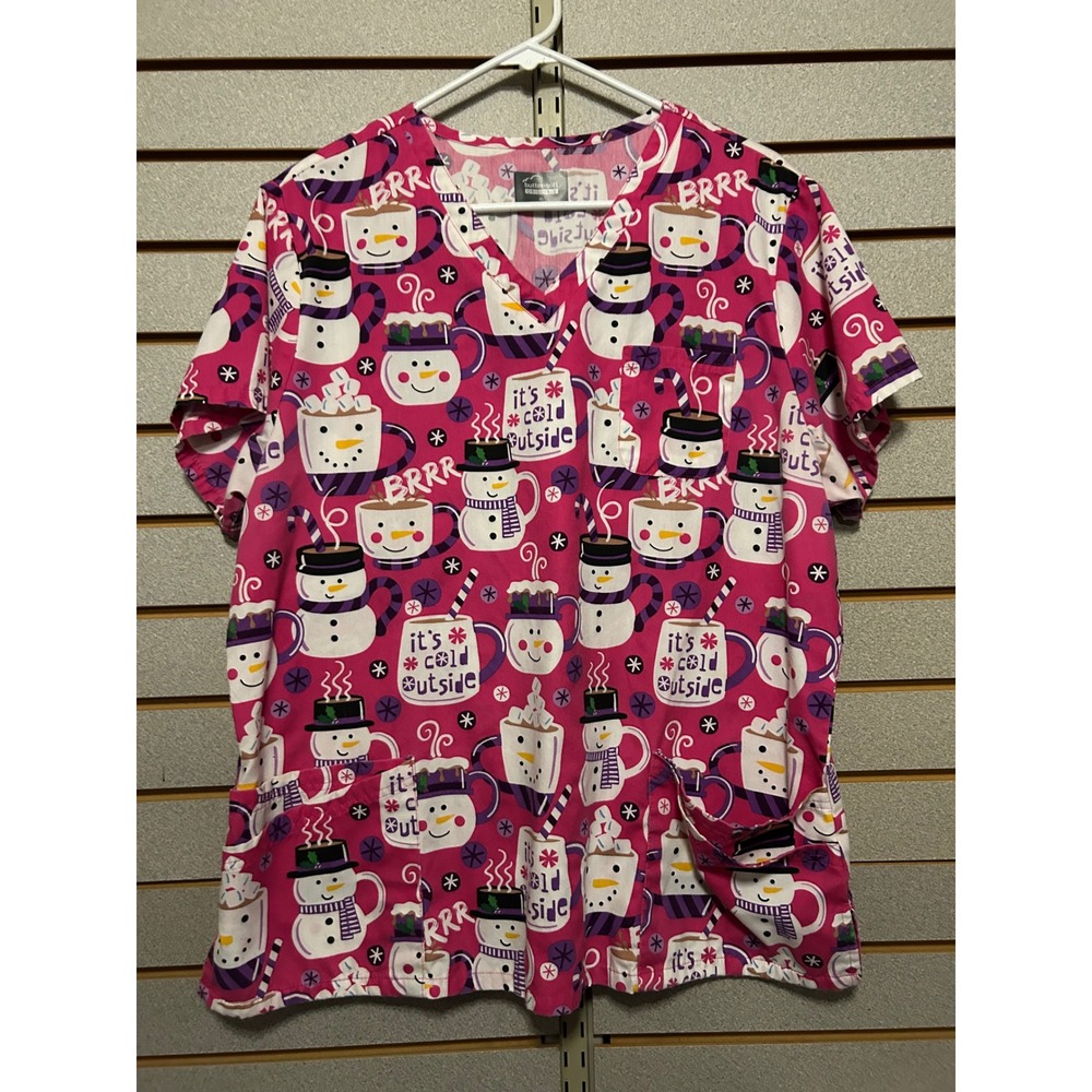 Butter-Soft Originals XL Pink Snowman Hot Cocoa Winter Scrub Top V-Neck Pockets